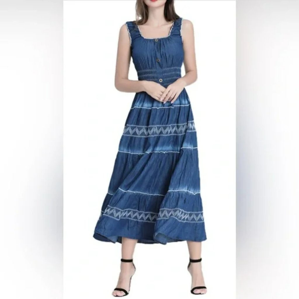 Anthro's Lapis Boho Smocked Waist Chambray Dress Sz L